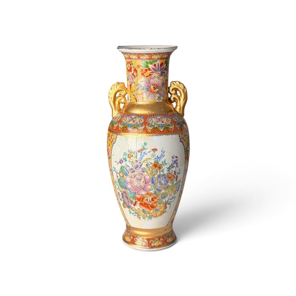 Japanese Satsuma 10" Vase Moriage Raised Enamel Floral Gold Handles